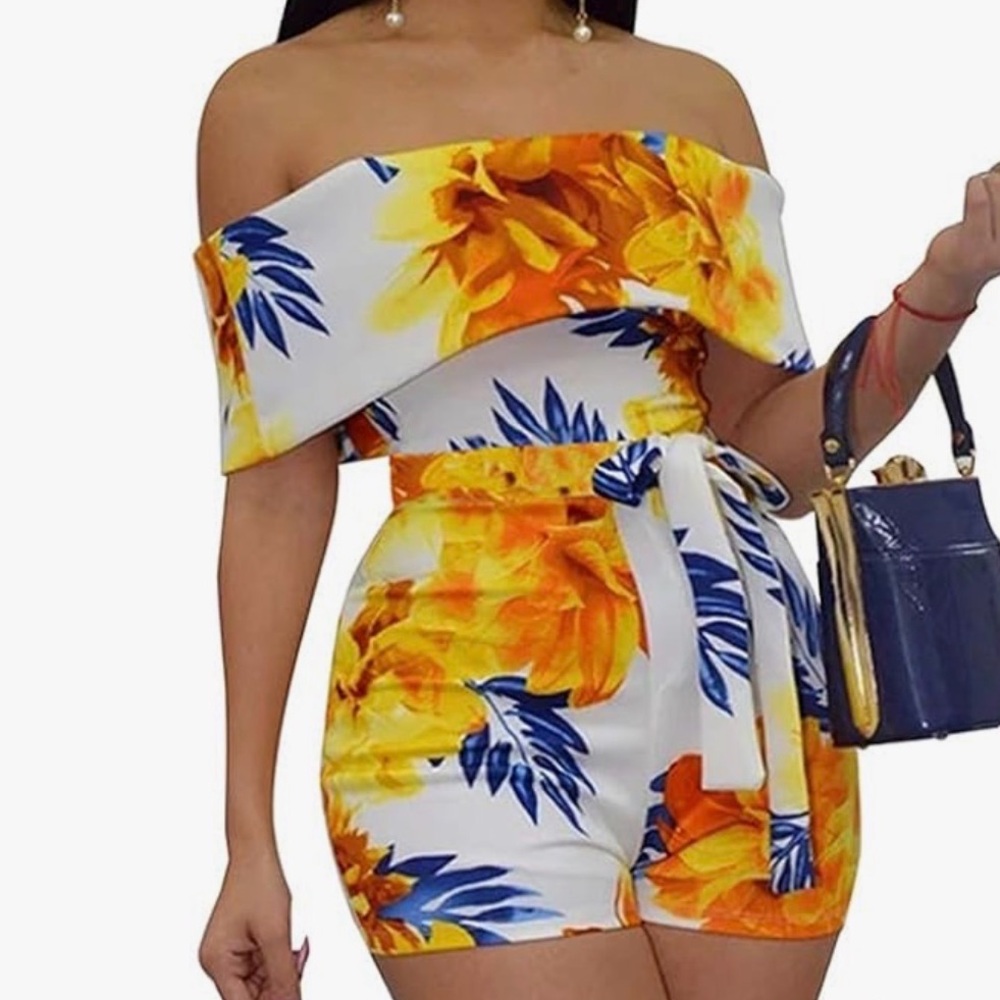 White Floral Off-Shoulder Belted Romper | Size L | Summer Chic